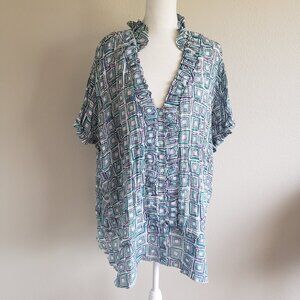 Sunny Leigh Blouse Top Plus Size 3X Pleat Crinkle Geometric Short Sleeve Ruffle